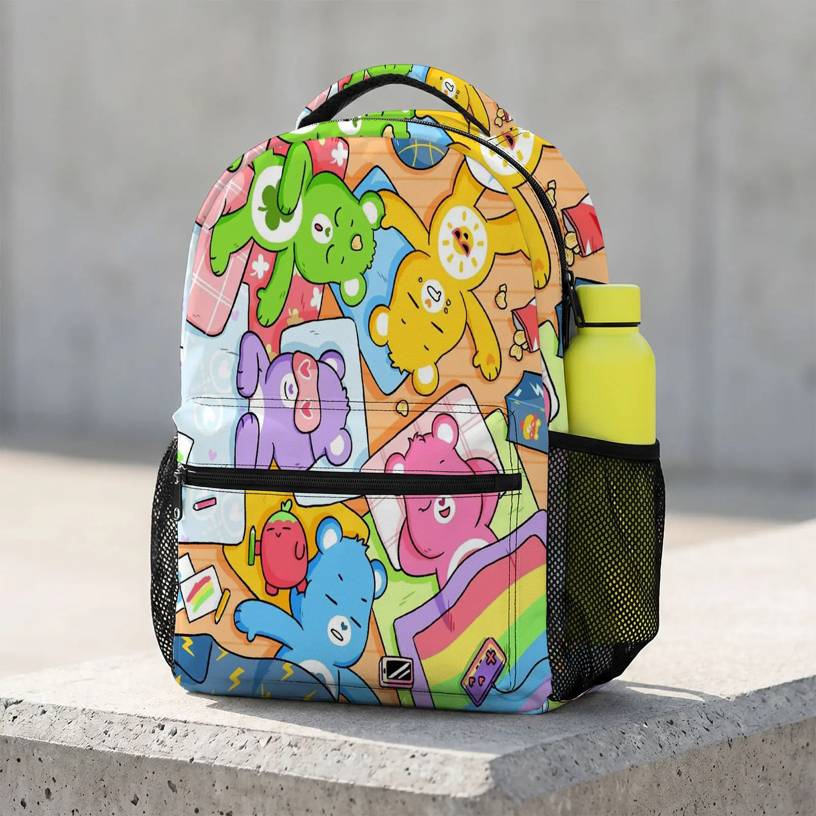 Care-Bears Cute Cartoon Backpack 17-Inch | Kawaii Printed School Bookbag | Large Travel Daypack with Water Bottle Holder for Teens Kids