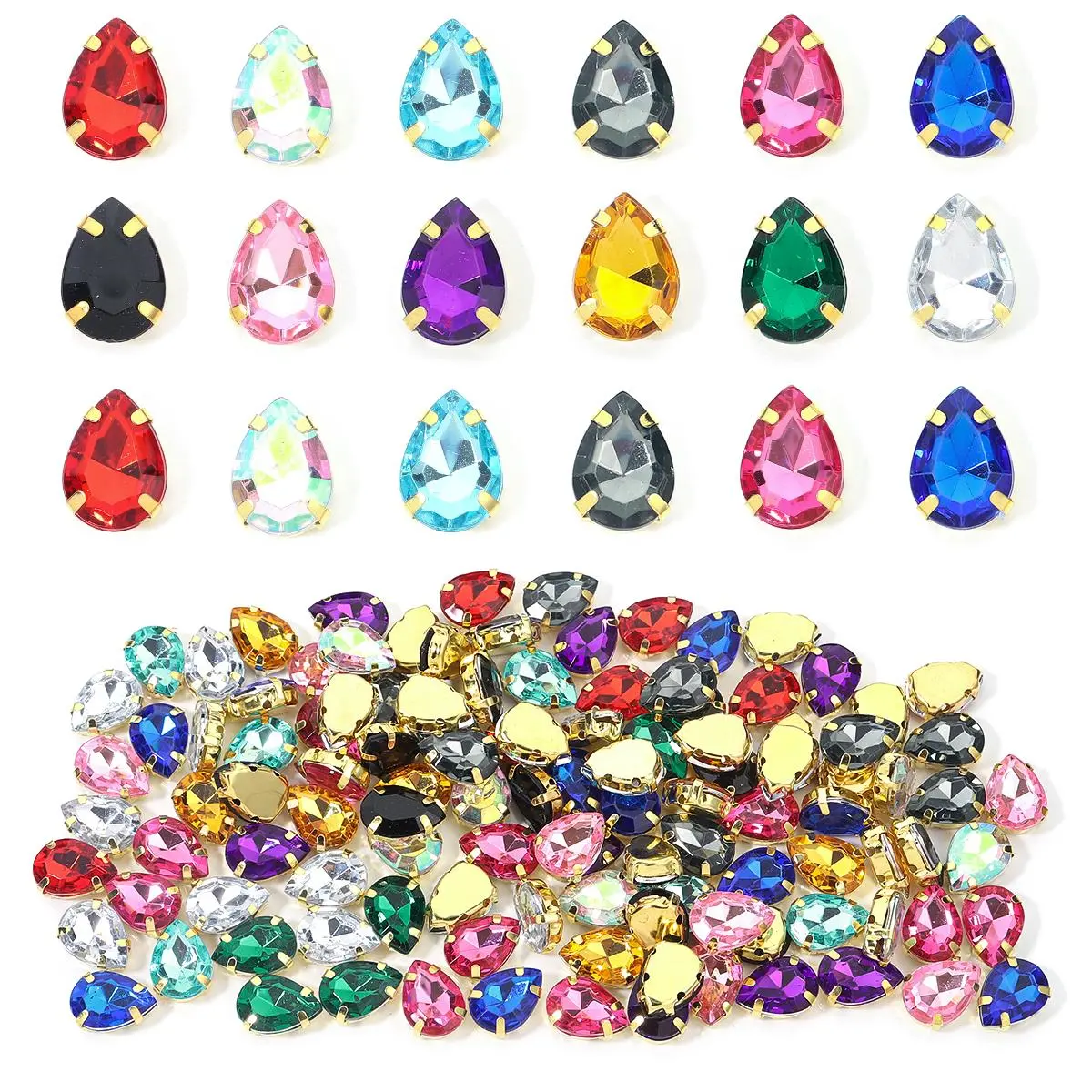 50pcs/lot Colorful Teardrop Acrylic Sew On Rhienstones With Golden Claw Base Drop Shape Beads For Clothing Jewelry Decoration