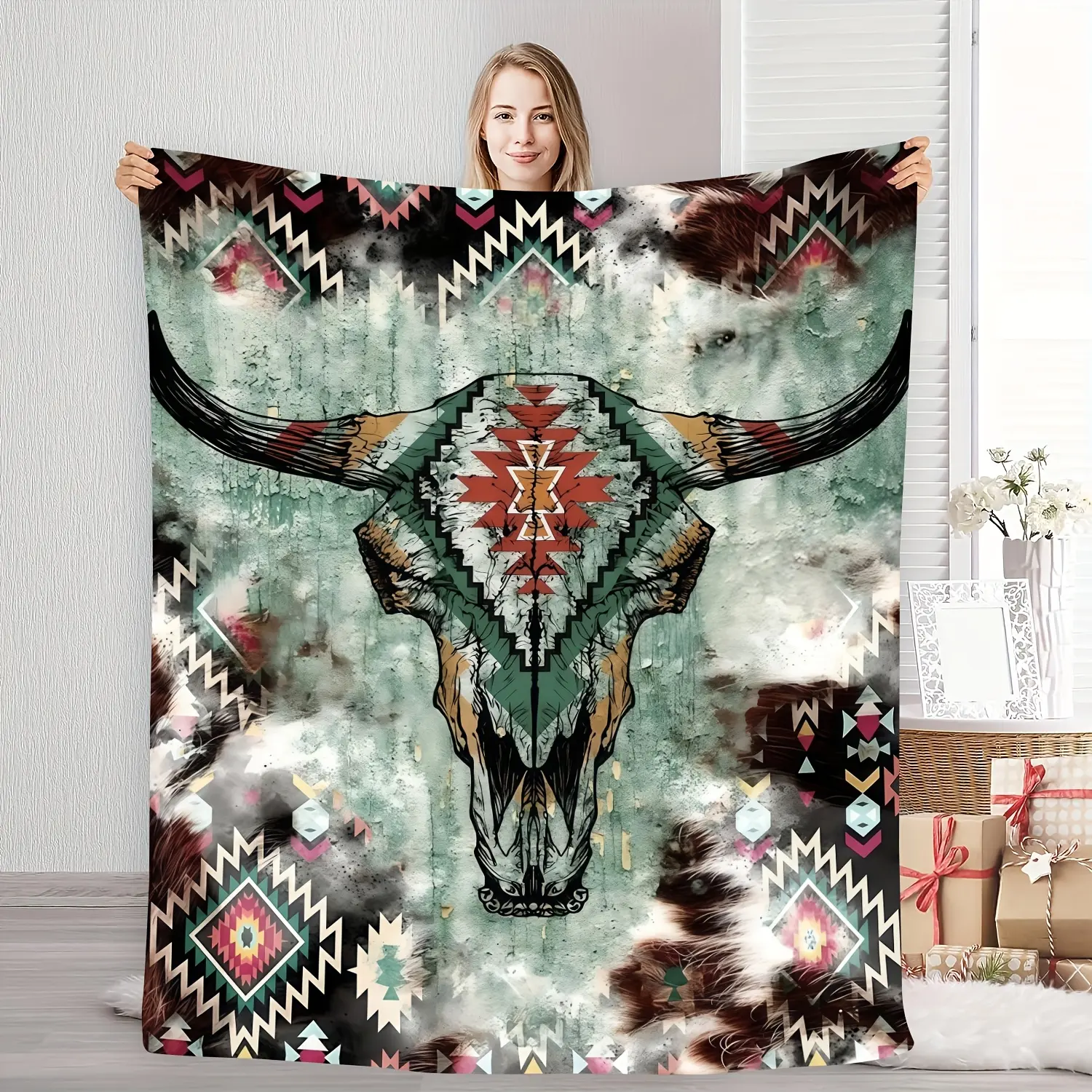 Vintage Native American Bull Head Flannel Fleece Blanket - Breathable Soft, Warm Geometric Southwestern Design, Bohemian Decorative Giftable, Machine Washable, Cozy Room Vibes for Living Room Use, Breathable Soft Blanket, Decorative Giftable Blankets