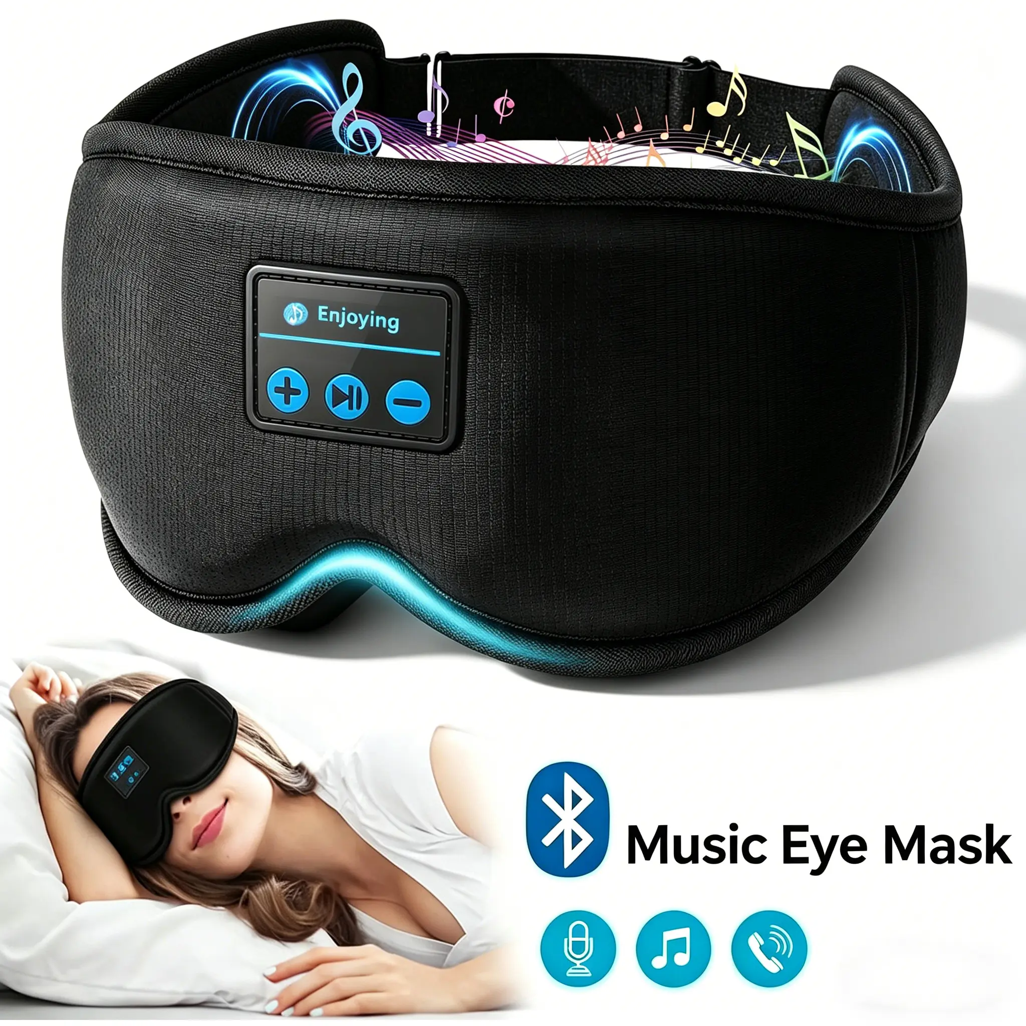 3D Bluetooth Sleep Mask Headphones for Insomnia, 100% Blackout Wireless Eye Mask with Headphones, 15H Playtime, HD Stereo, Adjustable for Side Sleepers, Travel, Yoga, Ideal Christmas New Year Gift for Women/Men