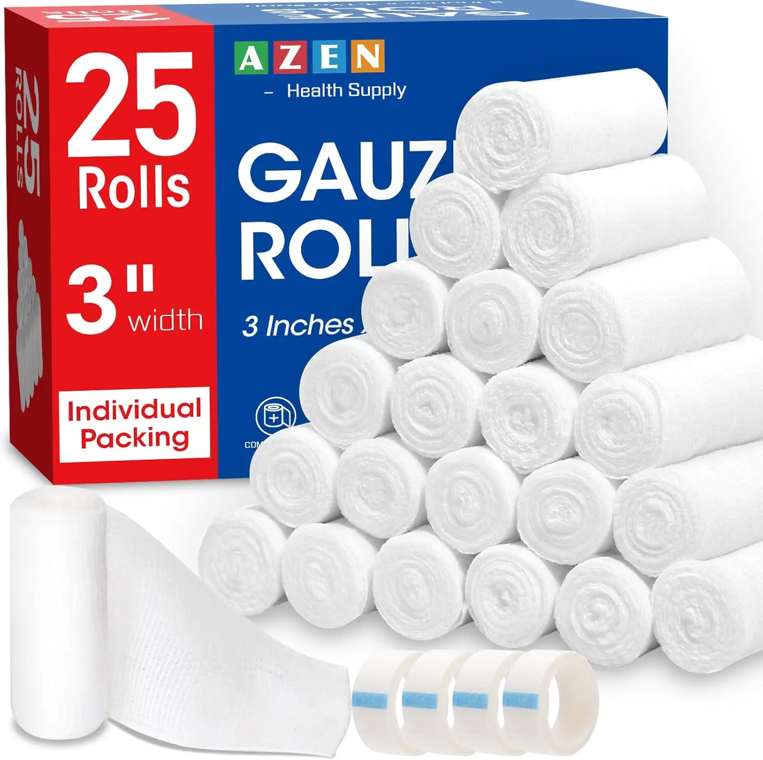 25 Pack Gauze Rolls Bandages, 3 in x 4.1 Yards, Premium Medical Supplies & First Aid Supplies, Bandage Wrap Vet Wrap, Mummy Wraps