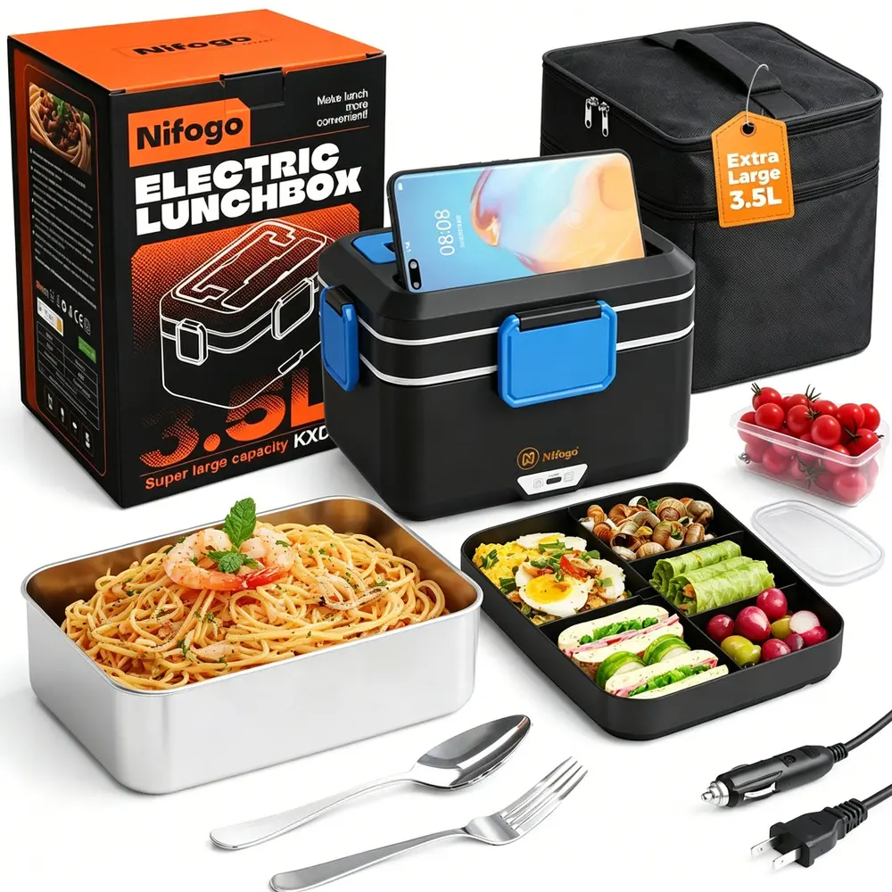 80W Electric Waterless Food Warmer Box with Digital Timer, Stainless Steel Tray, Complete Tableware Storage Tote & Insulated Bag for Construction Workers, Daily Driving, Golf Sports, Lunch Boxes, Multi-Size, Daily Drive