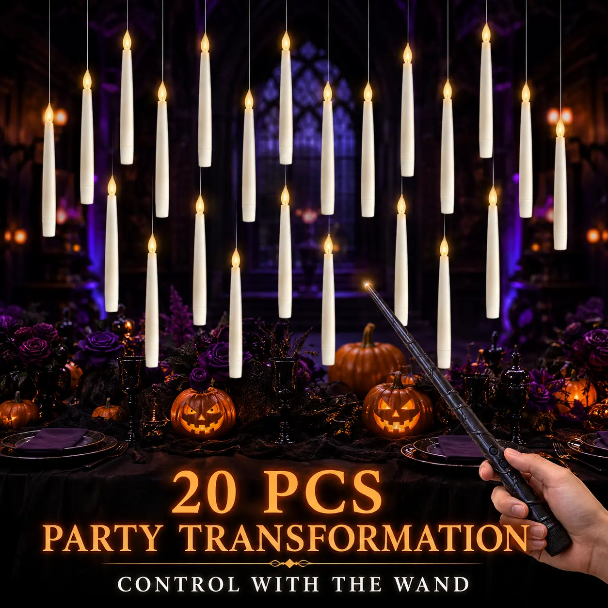 10/12/20PCS Floating Candles with Wand Remote, Halloween Decorations, Flameless Hanging LED Taper Candles, Flickering Warm Light Battery Operated Magic Candles for Haunted House Party Decor