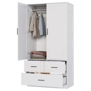 Garvee Armoire Wardrobe Closet, Wooden Wardrobe Cabinet with 3 Drawers, 2 Doors Freestanding Closet Wardrobe Cabinet with Hanging Rod for Bedroom