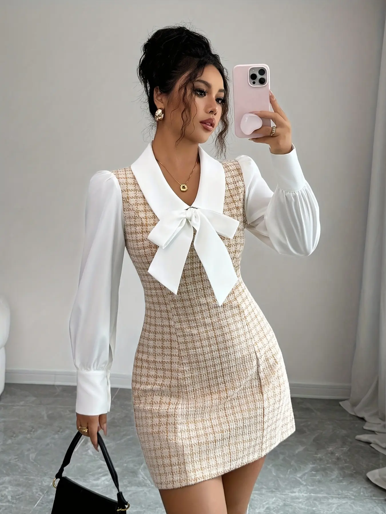 A women's apricot white color blocked coarse tweed bow dress, Casual fashion dress, Long Sleeve, Summer, suitable for commuting to work, shopping and playing indoors and outdoors
