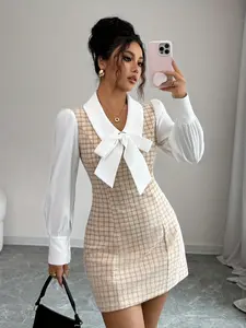 A women's apricot white color blocked coarse tweed bow dress, Casual fashion dress, Long Sleeve, Summer, suitable for commuting to work, shopping and playing indoors and outdoors