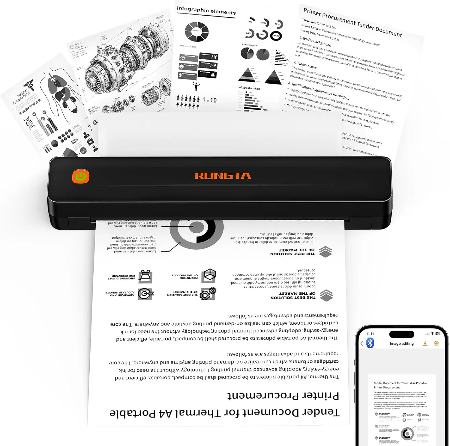 Thermal Portable Wireless Printer Bluetooth Mobile Inkless Printer Support 8.5 x 11 US Letter A4 Paper Compact Travel Printer Heavy Duty Document Photo Receipt Printing Compatible with Android iOS Laptops Office School Home Black