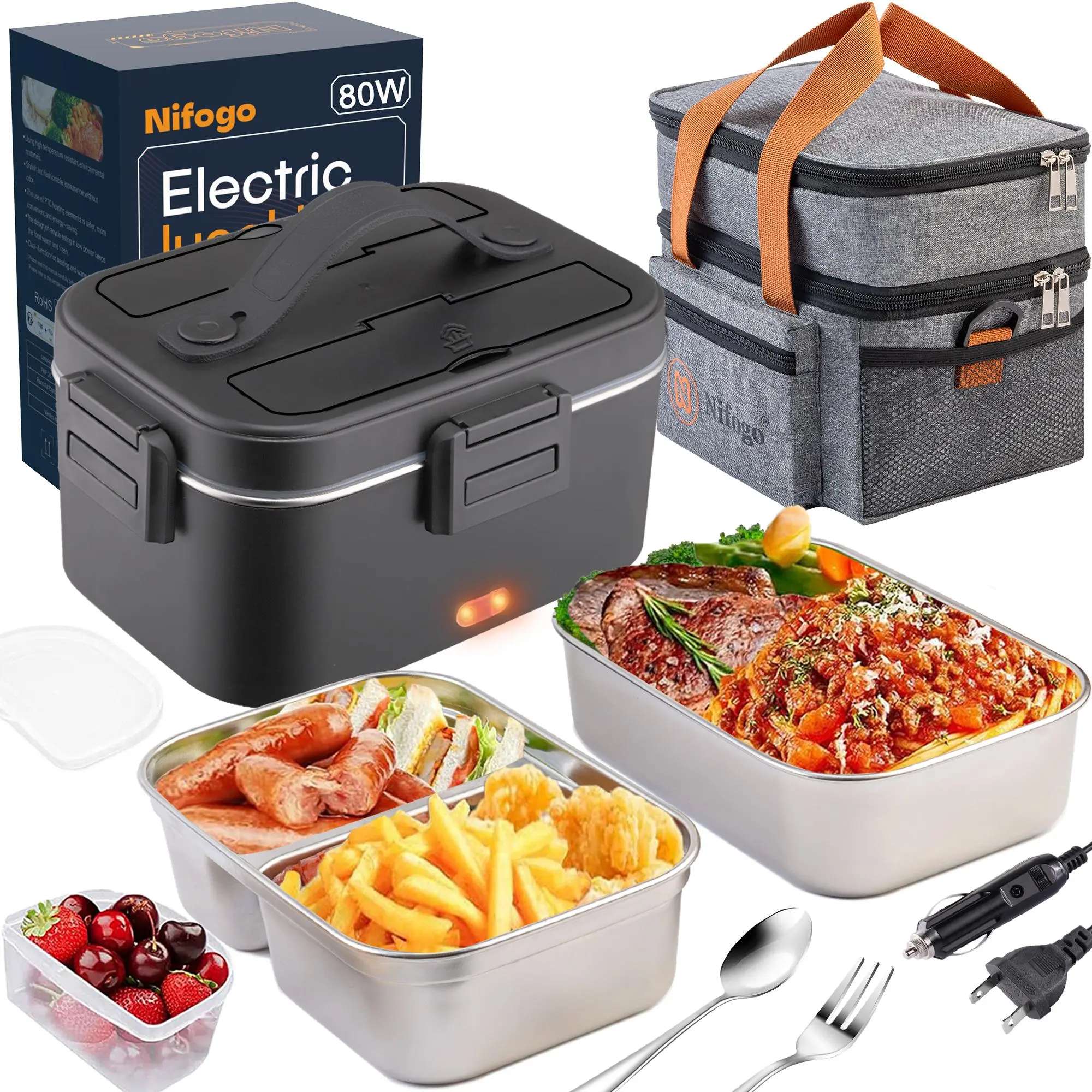 Electric Lunch Box 1.8L, 80W, Food Heater, 12V/24V/110V,  Capacity Portable Food Heater with Tableware and Lunch Bag for Car, Home, Office & Travel Use Portable Electric Lunch Box Heater lunch  box Electric Heated Portable Lunch Box