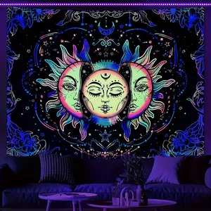 1pc vibrant sun & moon tapestry.Neon celestial design with stars and floral patterns.Soft wrinkle-resistant polyester.Perfect for room or party decor.Unique gift for teens/adults.