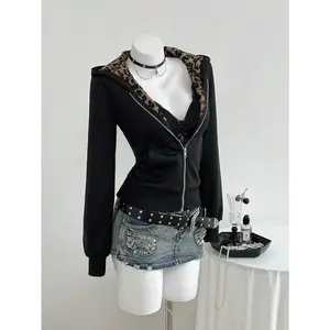 Women's Black Contrast Leopard Print Coral Fleece Fabric Lined Thick Long Sleeve Loose Fit Zip-Up Hoodie, Casual, Comfortable For Everyday Wear,/Winter