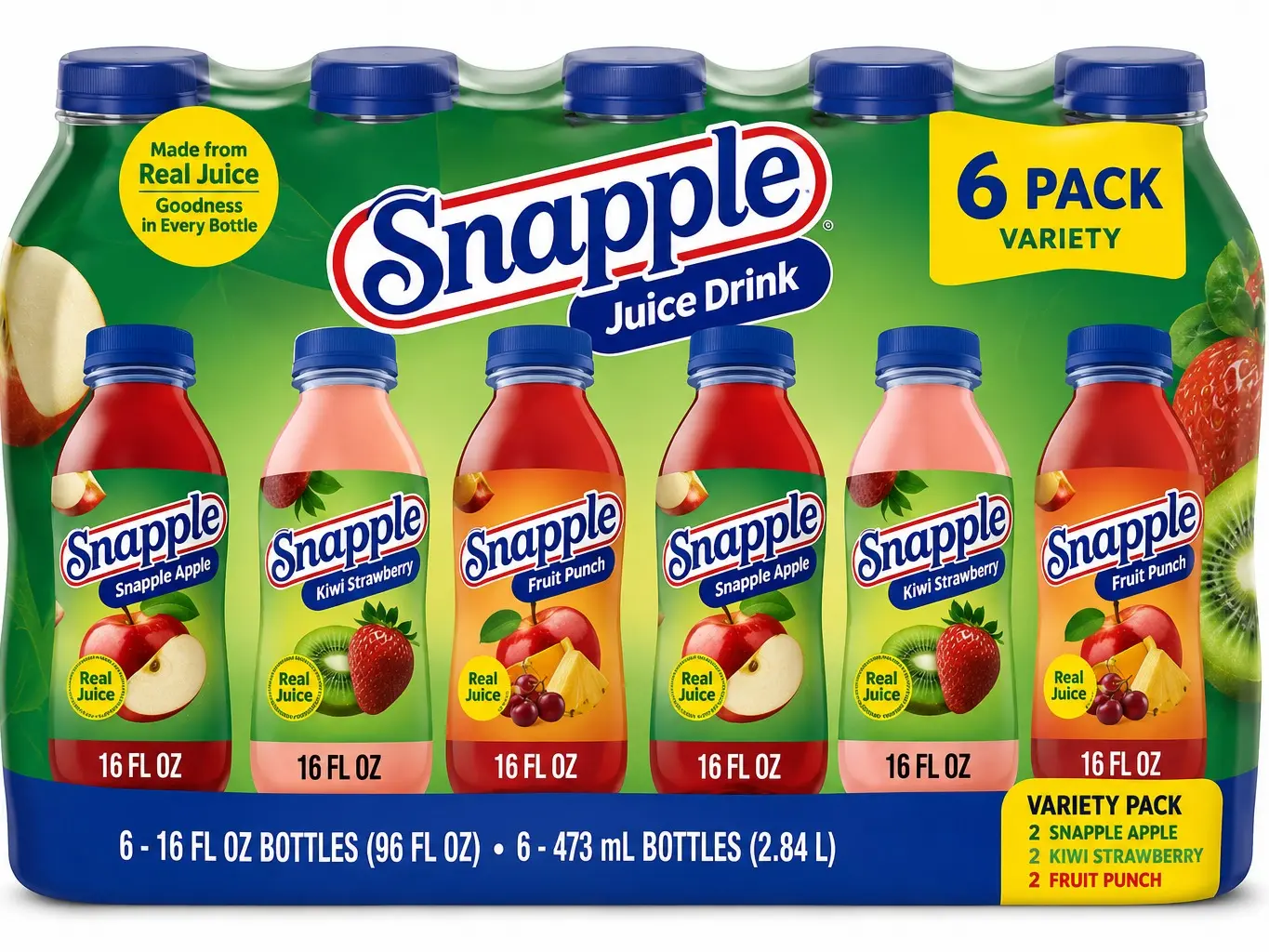 Assorted Fruit Juice Drink Variety Pack, 16 fl oz Bottles, 6 Count, Ready-to-Drink Refreshing Beverage
