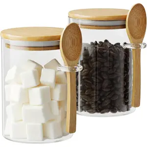 2 Pack 15oz Glass Storage Jars with Bamboo Lid and Spoon, Sealed Glass Sugar Container Canister for Coffee Beans, Spice, Brown Sugar, Tea, Flour, Nuts, Candy, Salts and More