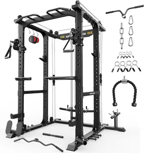 【live only】SPORTSROYALS Power Rack, Multi-Functional Power Cage, Squat Rack with Pulley System & LAT Pull Down, Workout Cage with J Hooks for Home Gym