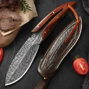 Portable Knife with Wooden Handle &Leather Sheath -Feather Pattern Full Tang Blade for Outdoor Camping,Slicing Food , Fruit Knife, Steak Knife , Great GiftS