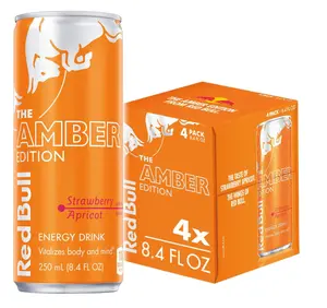 Red Bull Amber Edition Energy Drink, Strawberry Apricot, with 80mg Caffeine plus Taurine & B Vitamins, 8.4 Fl Oz, Pack of 4 Cans