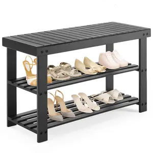 Shoe Rack Bench, 3 Tier Bamboo Shoe Organizer, Entryway Storage Bench with Seat, Sturdy Shoe Shelf for Living Room, Bathroom