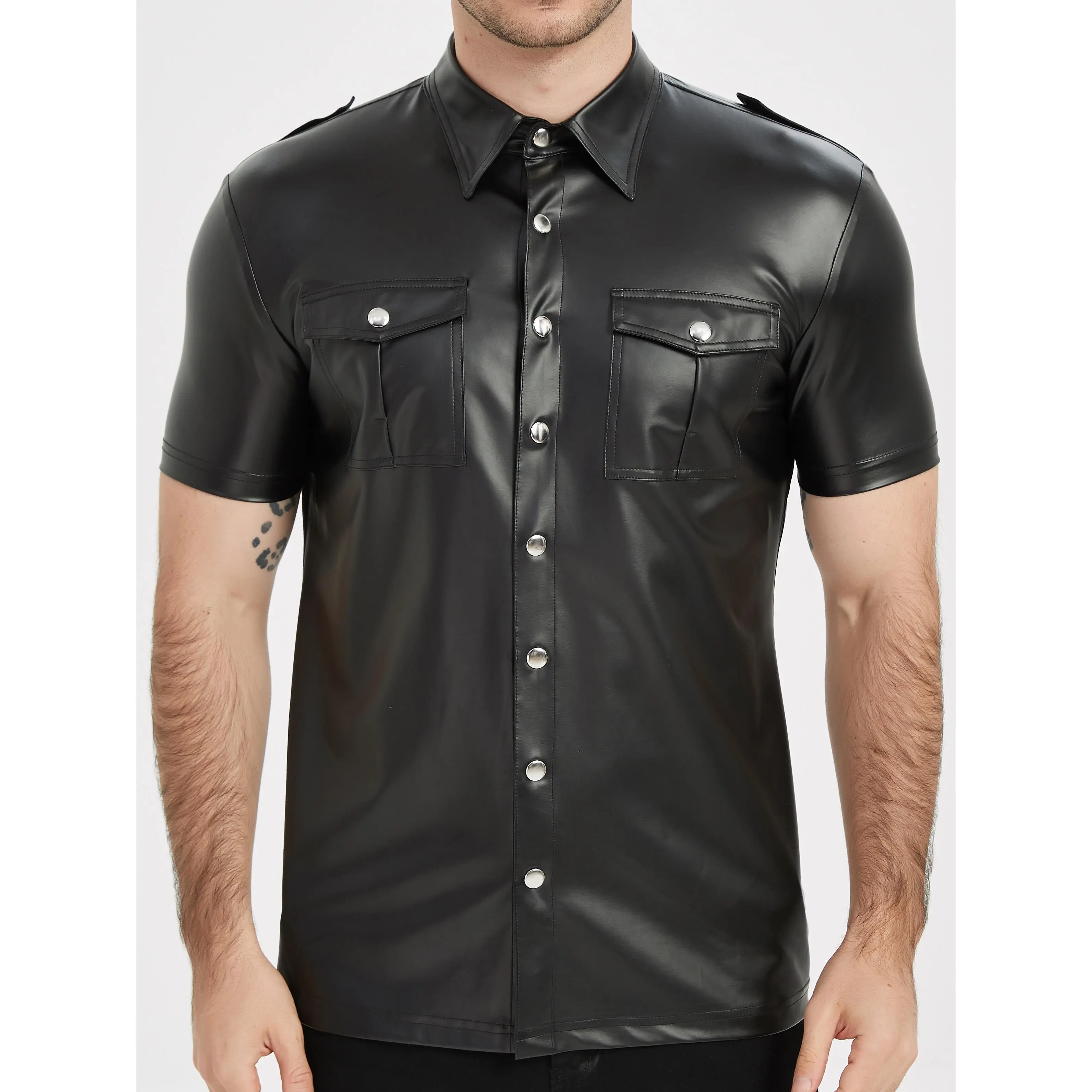 Short Sleeve Men's Leather Shirt Button-Up Collar Street Style Motorcycle Top for Party Daily Clubwear