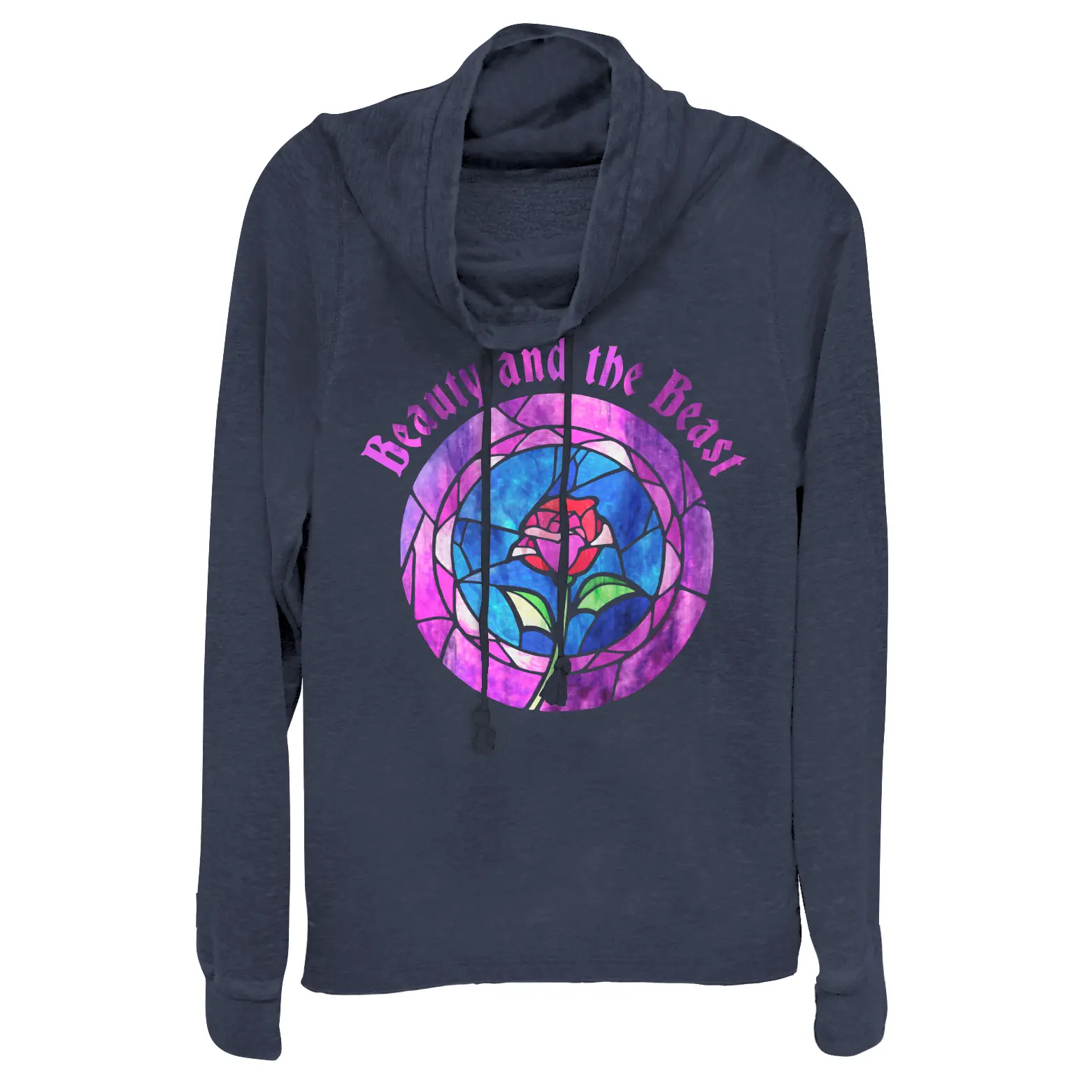 Juniors Womens Beauty and the Beast Stained Glass Rose Cowl Neck Sweatshirt