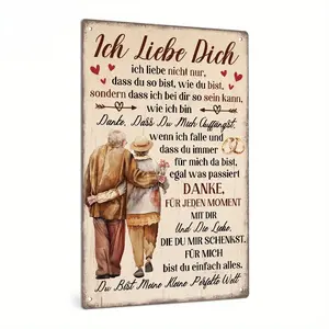 8x12in Vintage German Quote Metal Couple Tin Sign, Decorative Home Signs with Pre-Drilled Holes, "Ich Liebe Dich" Hanging Wall Decor, Ideal Spouse Wedding Gift