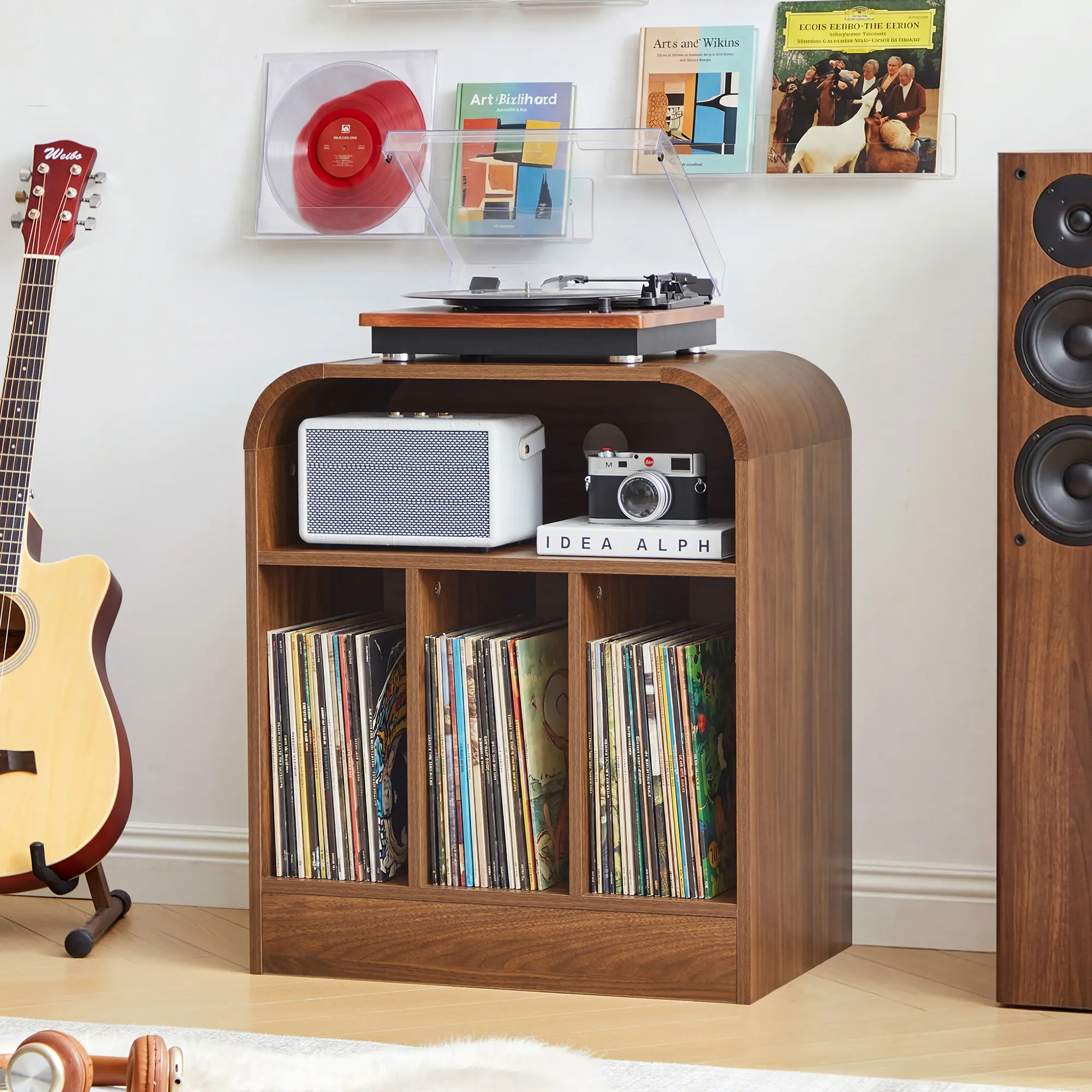 Giratree 3 Tier Record Player Stand with Vinyl Storage | Curved Record Player Table Holds up to 150 Albums, Wooden Turntable Stand Holder Display Shelf for Living Room Bedroom Office