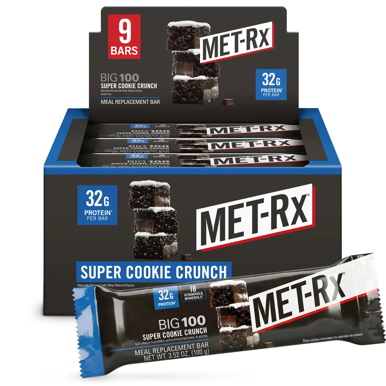 MET-Rx Big 100 Super Cookie Crunch Protein Bars | 32g Protein | 9 Bars | Meal Replacement | METAMYOSYN Blend MET-Rx Big 100 Super Cookie Crunch Protein Bars | 32g Protein | 9 Bars | Meal Replacement | METAMYOSYN Blend