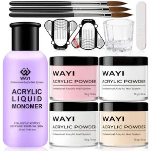 9Pcs Acrylic Nail Kit - 4Pcs Acrylic Powder (Pink, White, Clear, Nude) and Professional Acrylic Liquid Monomer set with Acrylic Nail Brush Nail Forms Glass Cup for Beginner kit