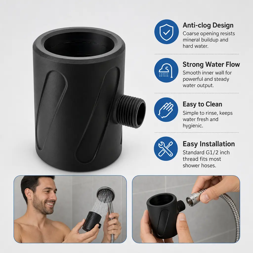 1 Count, Black Shower Hose Adapter, G1/2 Inch Thread, Anti-clog Large Hole Design for Home Bathroom Daily Use