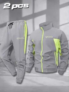 Men's Sporty Long Sleeve Jacket Set, Print Details, Zipper Pockets, Fitted Cut, Woven Fabric, Elastic Waist Drawstring Pants, All Seasons, Sports Suit Set