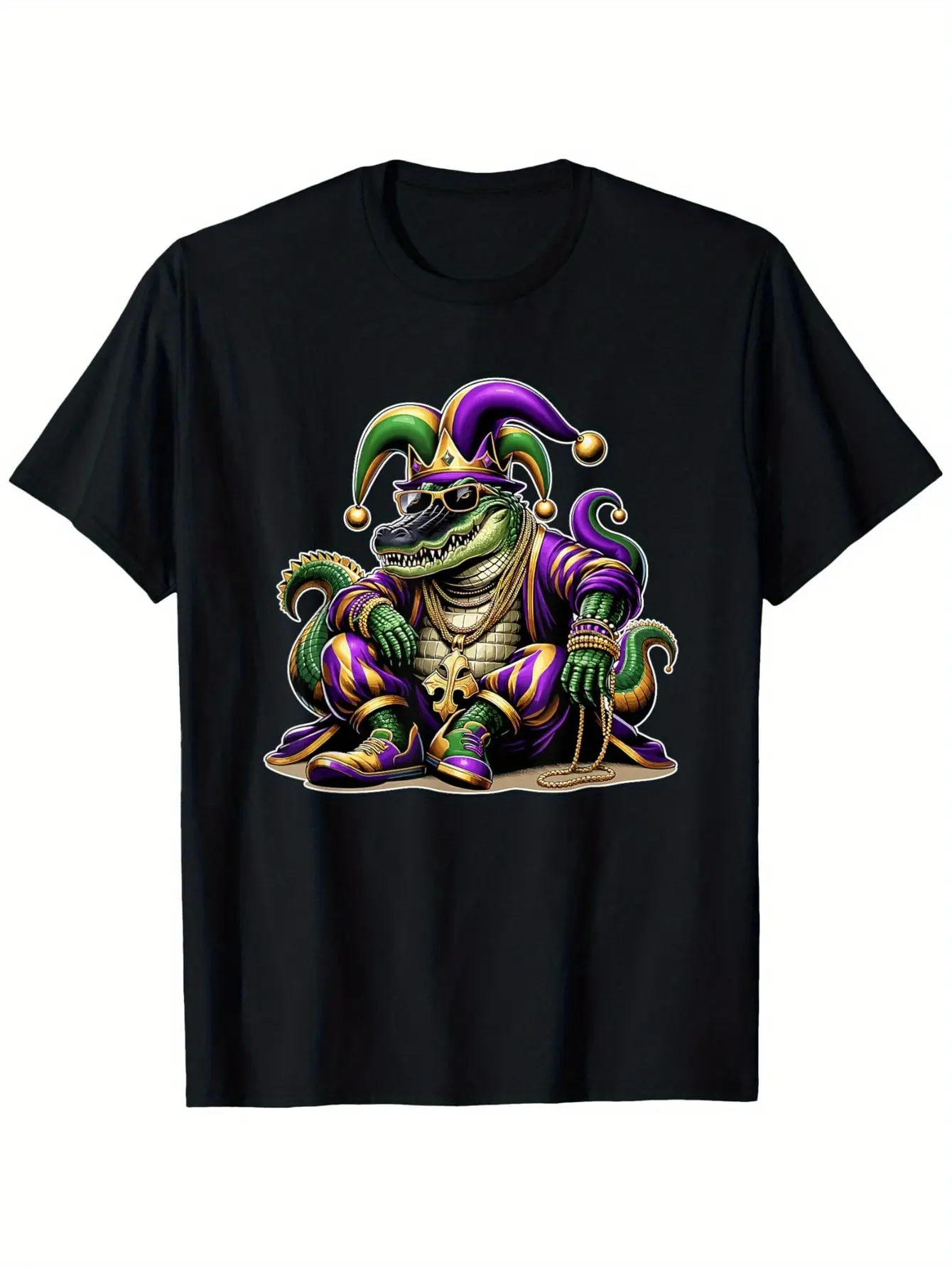 Men'S Mardi Gras Jester Crocodile T-Shirt - 100 Vi unisex soft cotton short sleeve t shirt, vintage graphic casual tee for men women teens, perfect birthday holiday gift for camping travel gym daily street casual wear