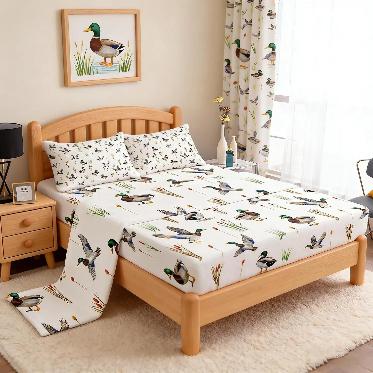 Duck Hunting Bed Sheets Set Wild Mallard Duck Sheet Set Natural Rustic Farmhouse Sheets Vintage Minimalist Flat Fitted Sheet