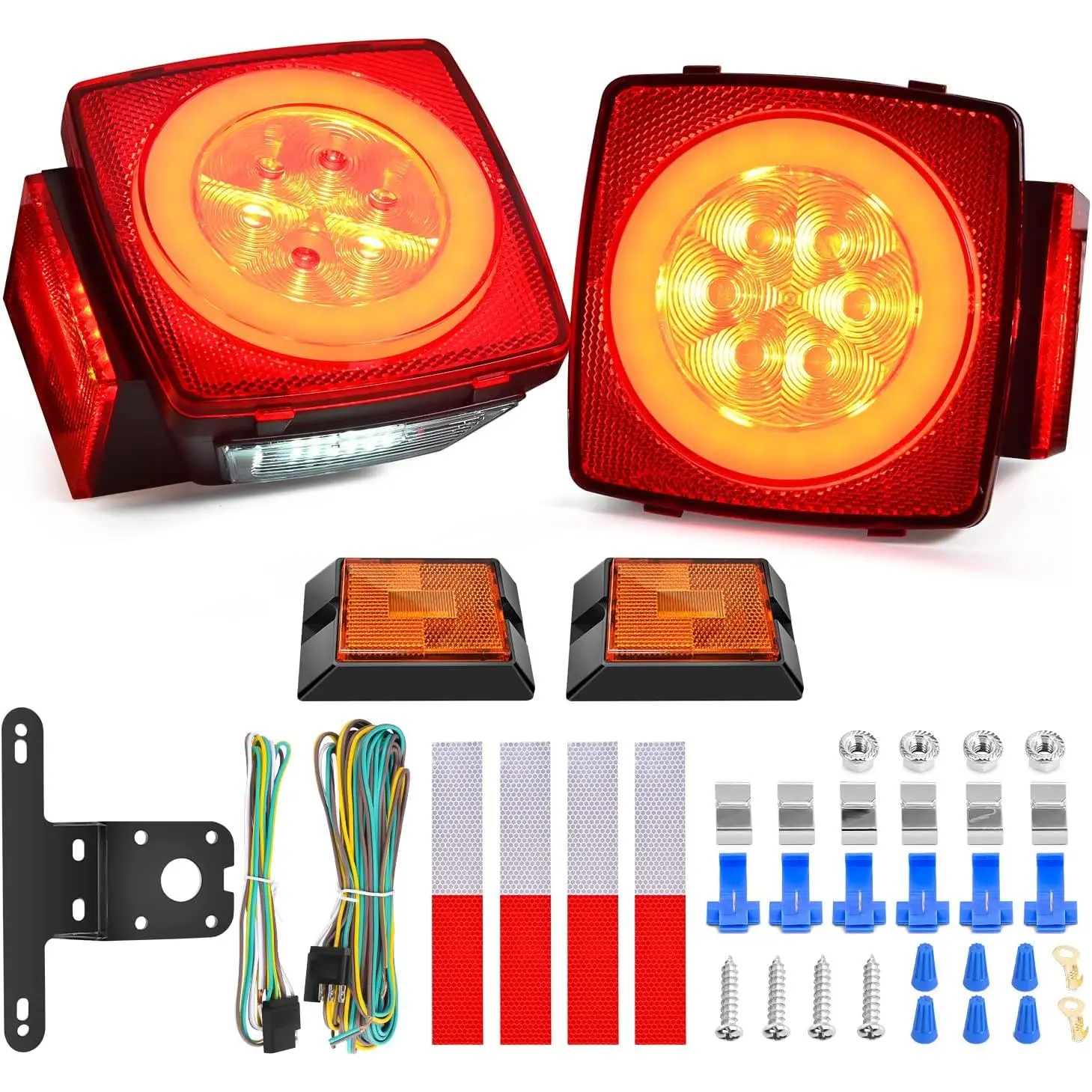 Nilight 2PCS Square LED Trailer Lights Kit - Full Function Halo Glow, Submersible Chips, Stop Signal, Turn Tail, Side Marker, Clearance, License Light for 12V Trailers (TL-41), Square Lights
