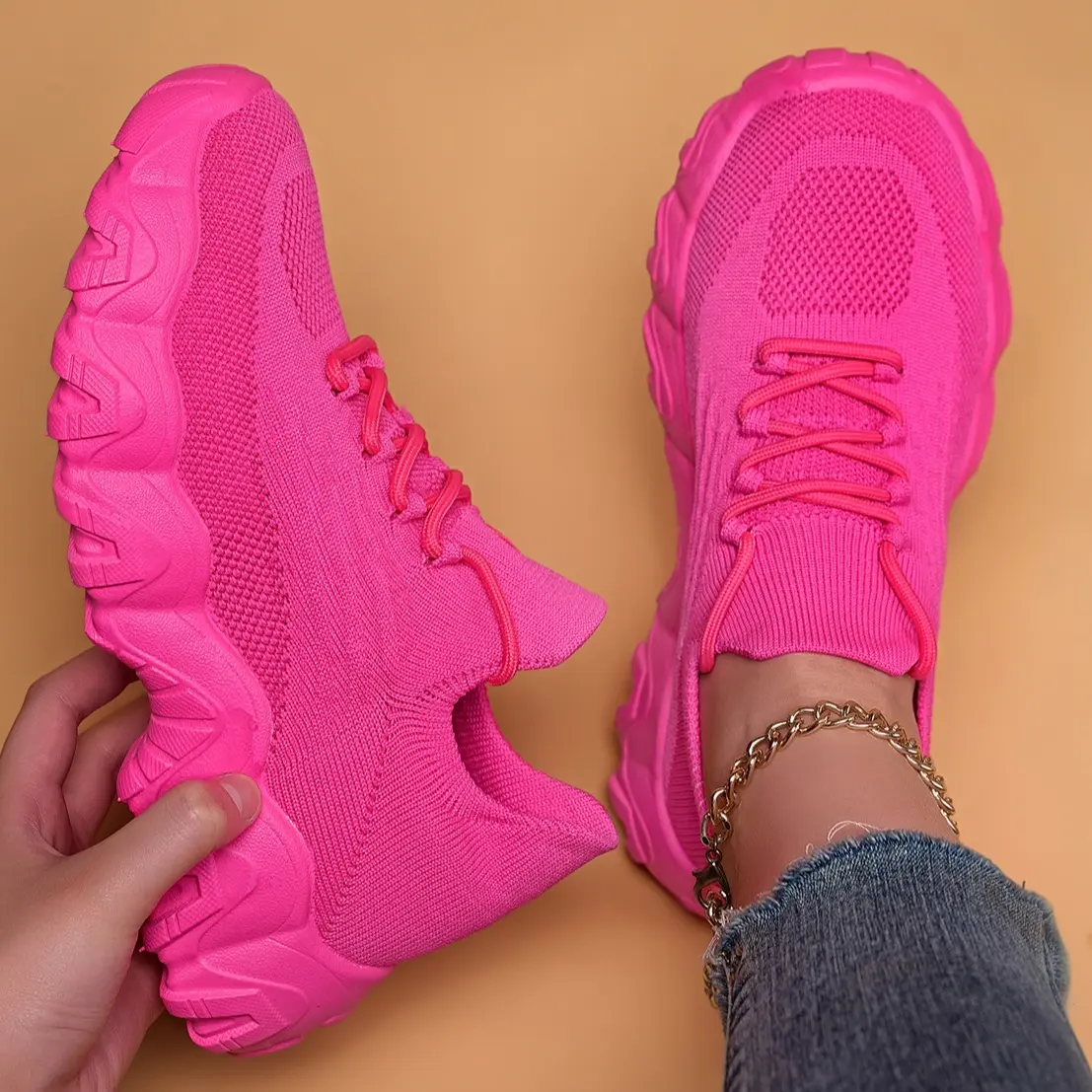 Women's Sneakers, Lightweight Flyknit Athletic Trainers with Colorful Accents, Breathable Lace-Up for Walking and Running, Breathable Running Sneakers, Sneakers For Women