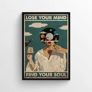 Vintage "Lose Your Mind Find Your Soul" Framed Poster - Waterproof Artistic Girl With Wine Print, Home Decor Wall Art, Box-Included Home Supply