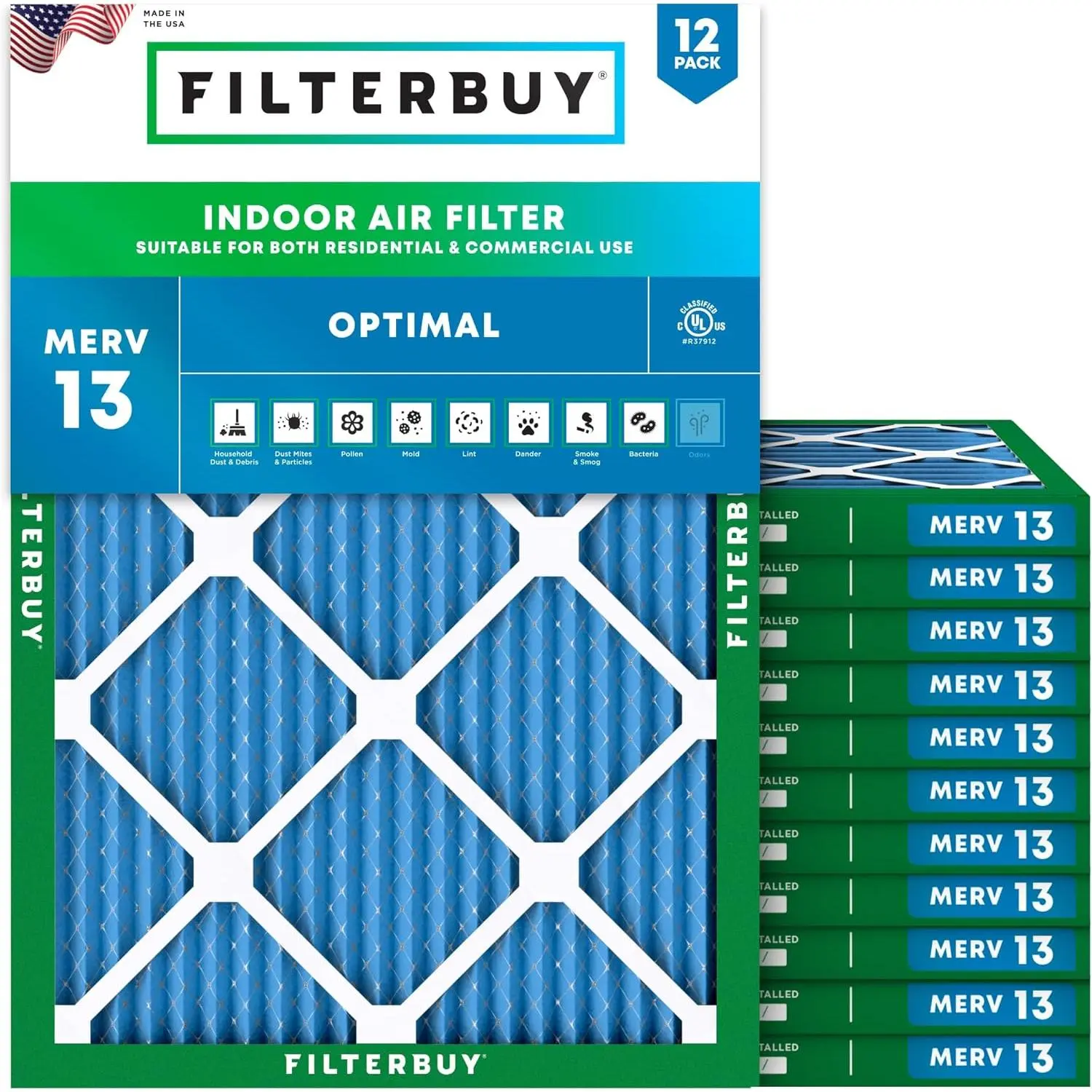 New Synthetic Eco-Friendly Electrostatically Charged HVAC AC Furnace Air Filter (12-Pack), 19.88x21.5x1 In Pleated MERV 13 Optimal Defense Large Home Appliance Part, Endures Temperatures Up to 200°F