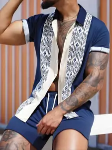 Two-Piece Set Men's Ethnic Pattern Button Front Shirt & Shorts, Regular Fit Casual Short Sleeve Collared Top & Shorts, Men's Summer Set for Beach Vacation, Casual Matching Set