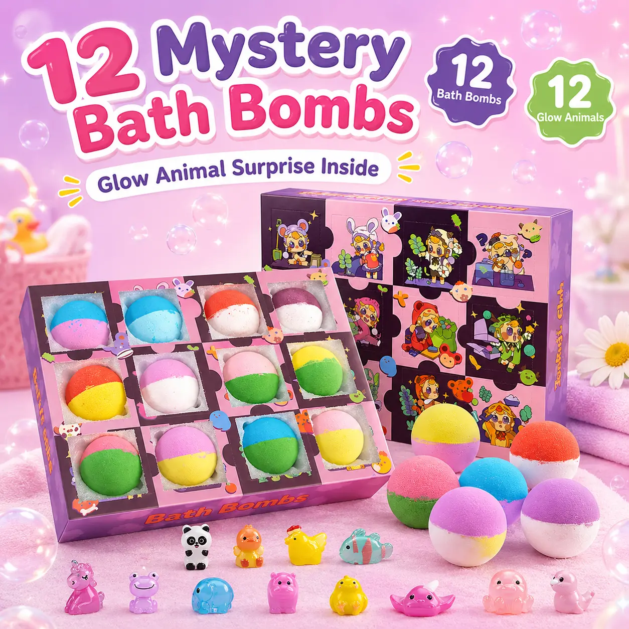 IYOKUJI CLUB Glow-in-the-Dark Bath Bomb Blind Box Multi-Pack - 12-Piece Moisturizer, Hydrating Body Care Gift Set with Surprise Animal Toys for Kids, All Skin Types Cosmetic Repair, 12Pcs, Home Spa, Adults, Twelve Bombs