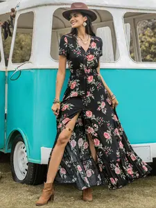 Women's Floral Print Button Front Split Thigh Dress, Boho V Neck Short Sleeve Shirred Waist Ruffle Hem Long Dress, Lady Summer Clothes for Holiday