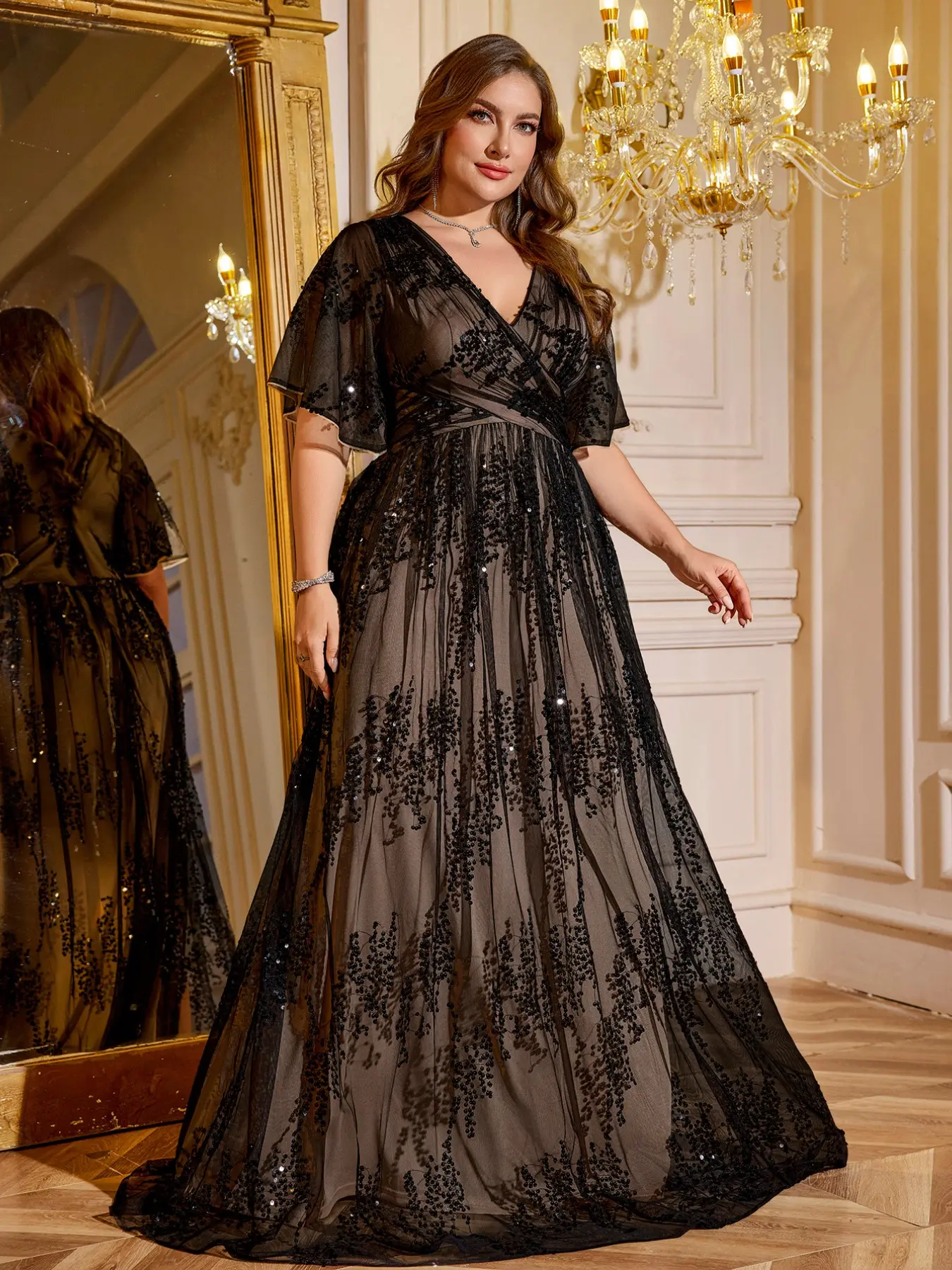 Plus Size V Neck Lace Sleeve Glitter Sequin Patchwork Mesh Evening Gown Dress, Formal Elegant Party Wear, Stylish Cocktail Dress, Elegance