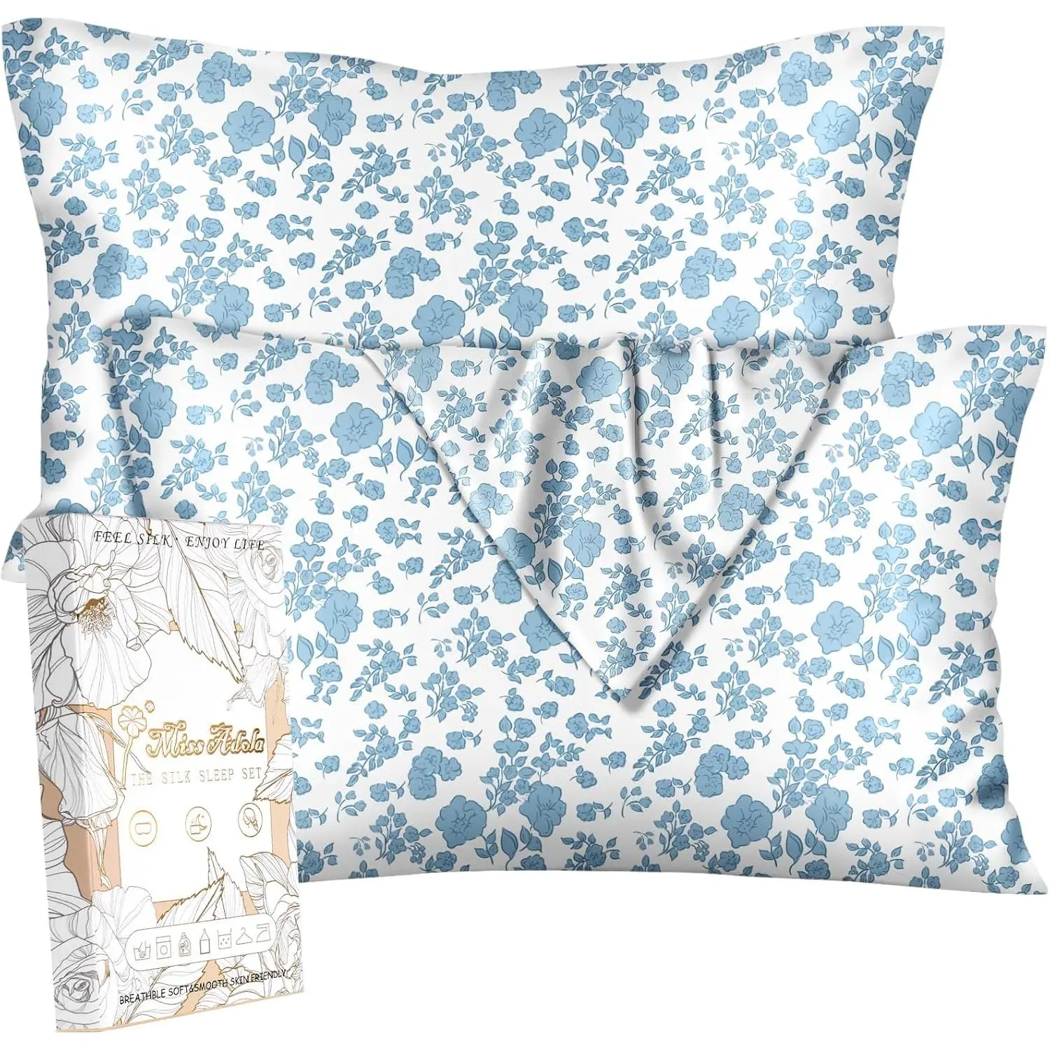 2-Pack Mulberry Silk Pillowcases - Standard 20x26 in, Skin-Friendly Floral Design, Hidden Zipper Closure, Soft for Hair & Skin, Elegant Gifting Option for Bed Sleeping, 20 X 26 Inch, Hand Wash Only
