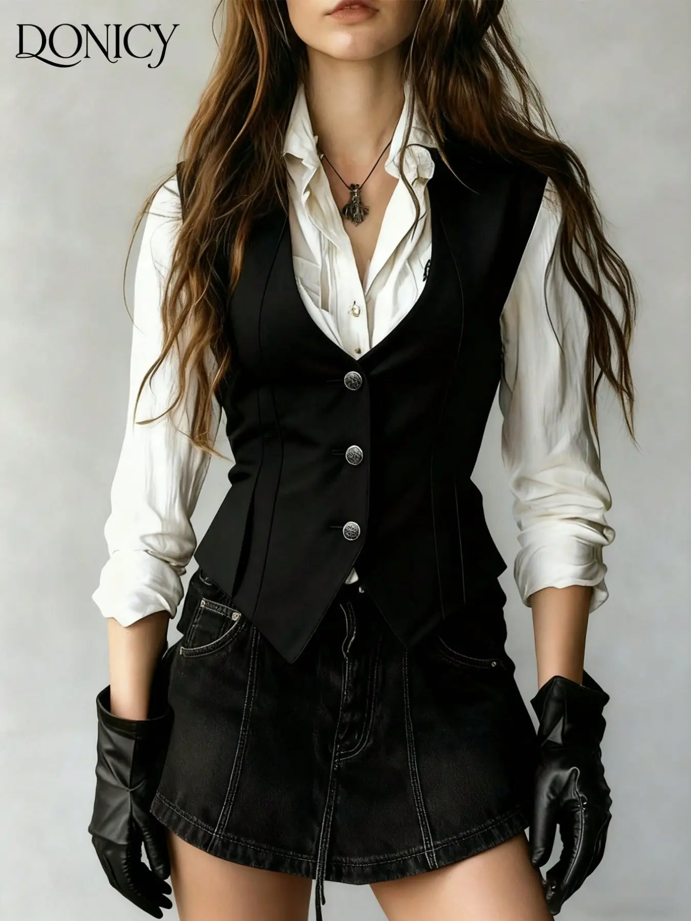 Women's Luxury Chic Blazer Vest, V-Neck Three Metal Buttons, Fitted Sleeveless Layering Top, Casual Office Work, Concert, Summer Style