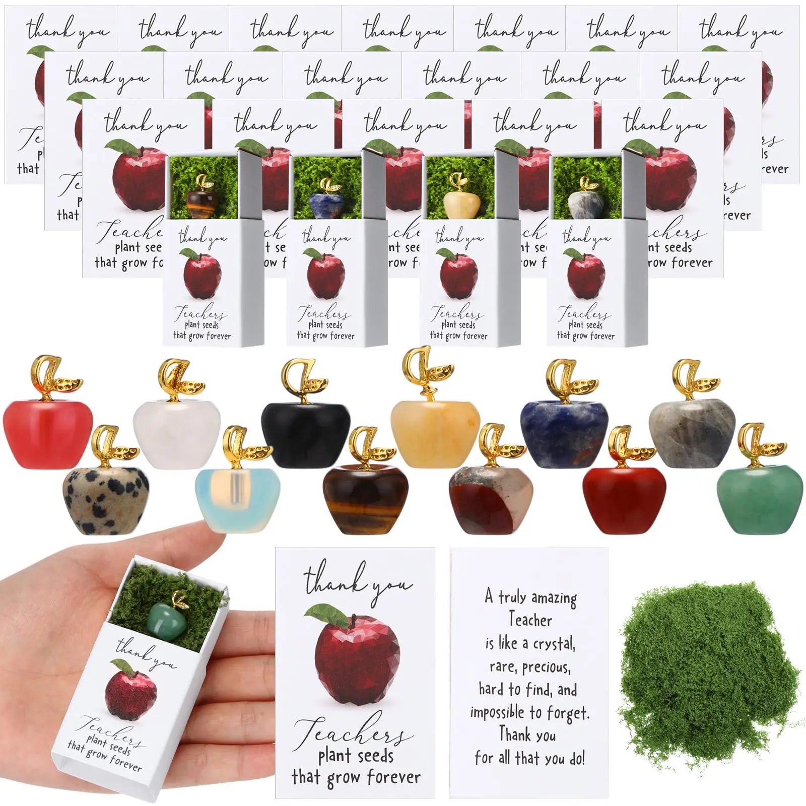 Back to School Teacher Bulk Gifts 12/24 Set Crystal Apples with Moss Thank You Matchbook Office Decor Stones Emotional Support Paperweights Gifts from Student Mother for Teacher Coworker for Teacher Appreciation Week National Teacher Day Graduation Season