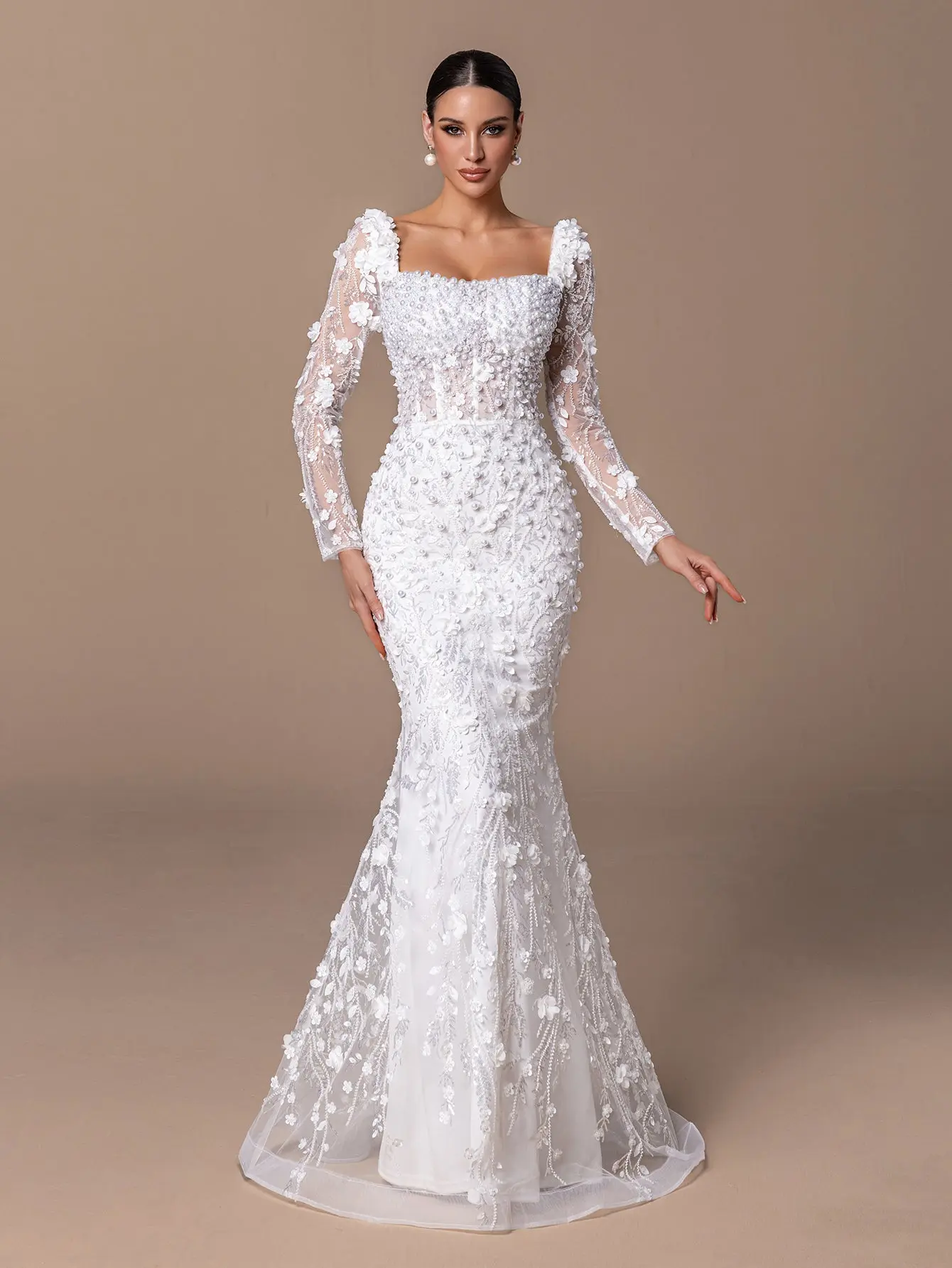 Long Sleeved Flower Embossing Dress