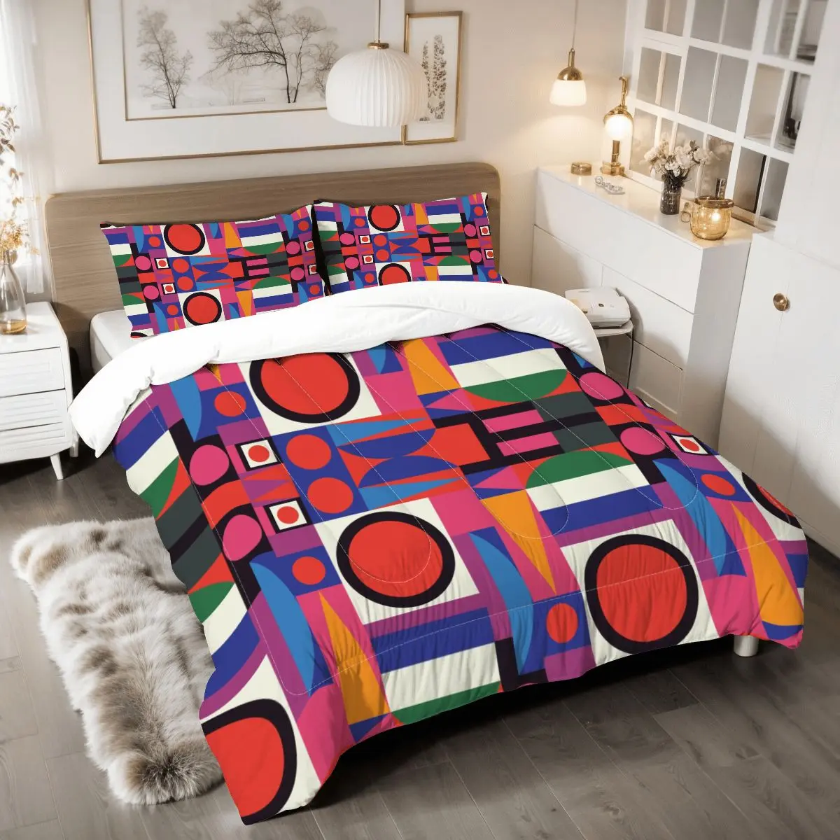 Mid Century Modern Bauhaus Designed Geometric Red, Blue Yellow Green MCM King Comforter Set