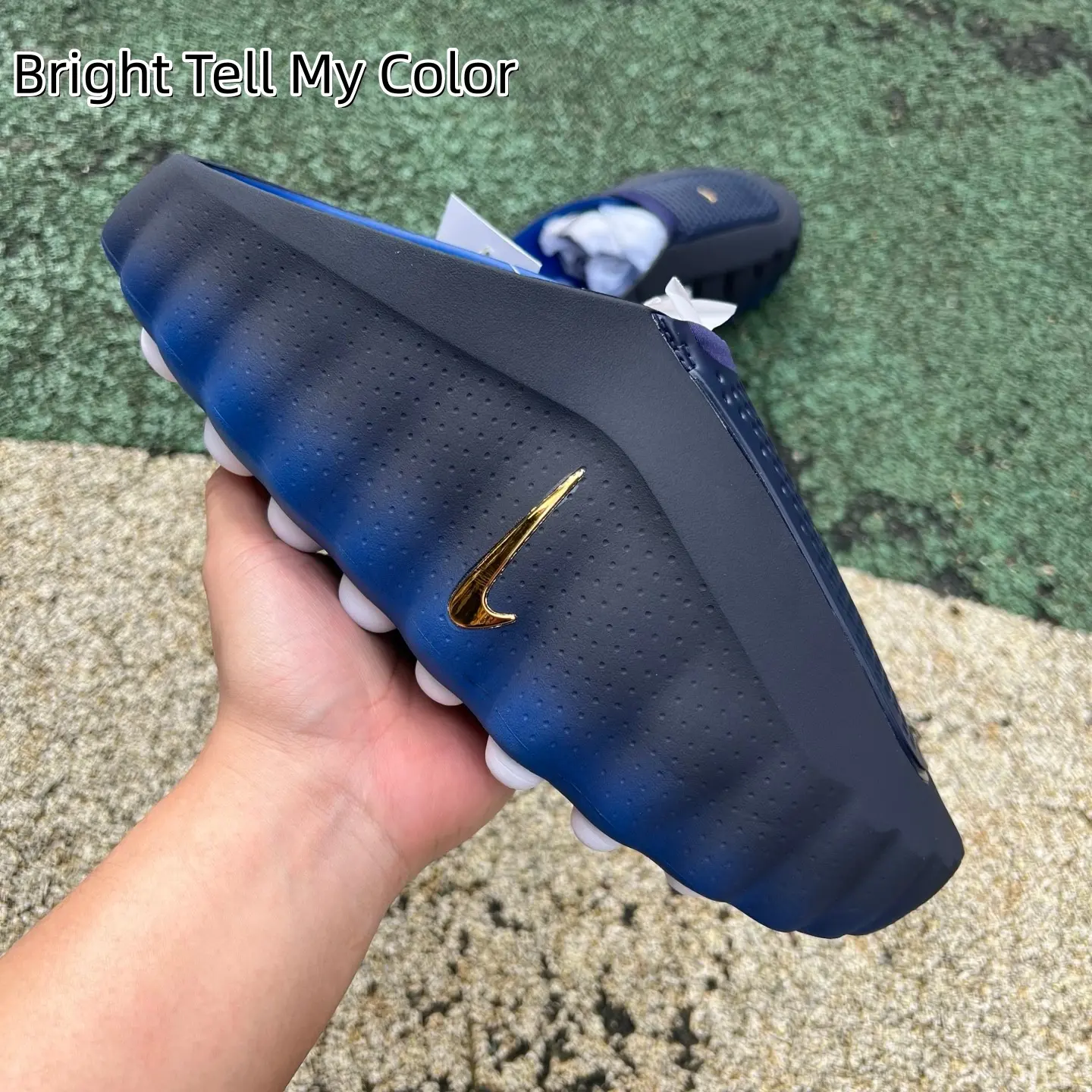 Reflexology Foot Mule Slides | Gradient Navy Blue One-piece EVA Mold | Round Massage Nub Insole | Quick Drain Perforated Breathable Vamp | Wavy Anti-slip Traction Outsole | Unisex Spa Gym Loungewear Alleviate Plantar Ache