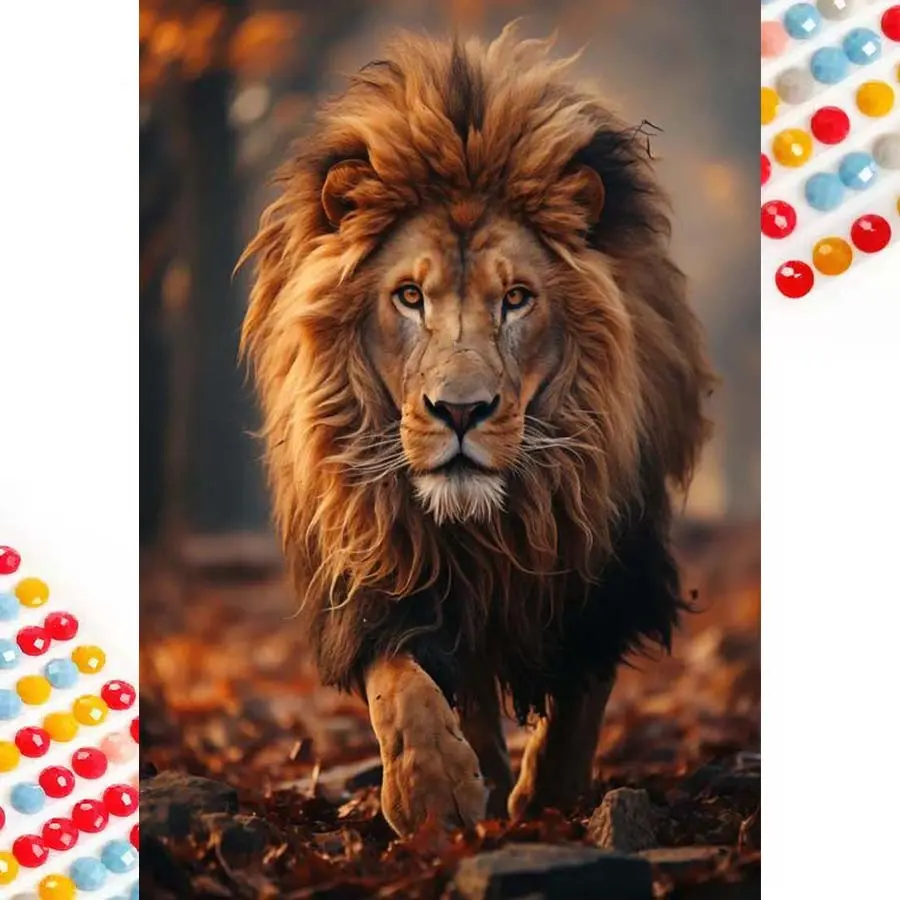 5D DIY Full Drill Round Diamond Painting - Diamond Art Painting Kit Lion in Motion Mosaic, Canvas, Diamond Pattern Design - DIY Decorative Painting, Home Wall Decor, Perfect for Halloween, Christmas, Independence Day, Birthday, and Anniversary Gifts.