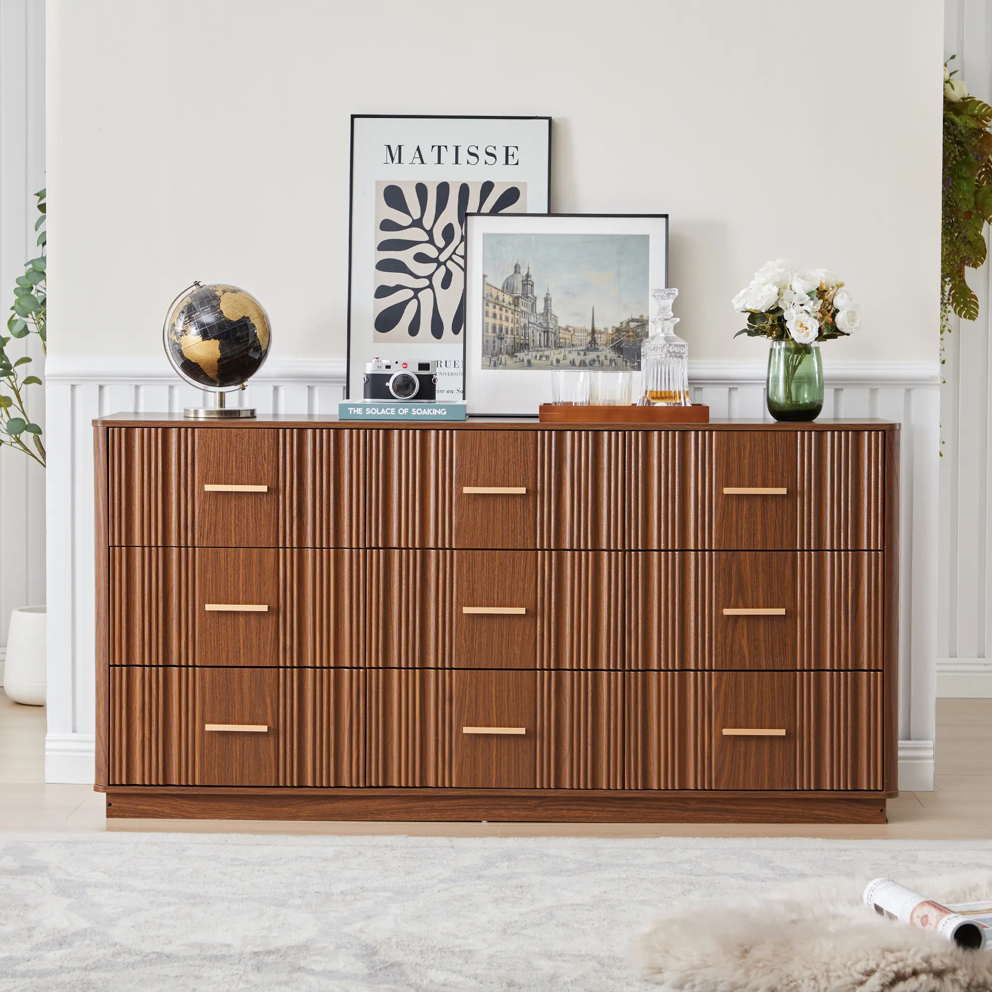 Giratree 59" Sturdy Fluted Wooden Dresser with 9 Drawers, Mid-Century Modern Home Furniture, Entryway Storage Cabinet, Bedroom Decor & Makeup Storage Solution for Bedroom, Living Room, Storage Organizer