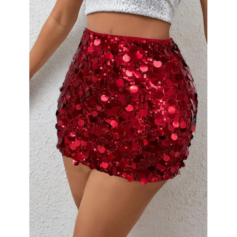 Women's High-Waist Red Sequin Mini Skirt, 2026 Gamis Fabric Regular Fit (95% Polyester, 5% Elastane), Beach & Festival Wear, Comfortable Womenswear Bottom, Hand Wash Only, Straight Design, Medium Party & Casual Day Use