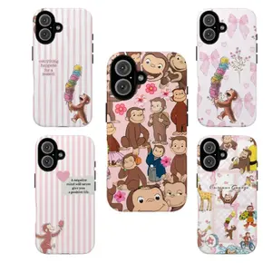 Cute Monkey Tough Phone Case, Pink Aesthetic Cartoon Design for ip, Curious Georgee Protective Cover, gift for her for him