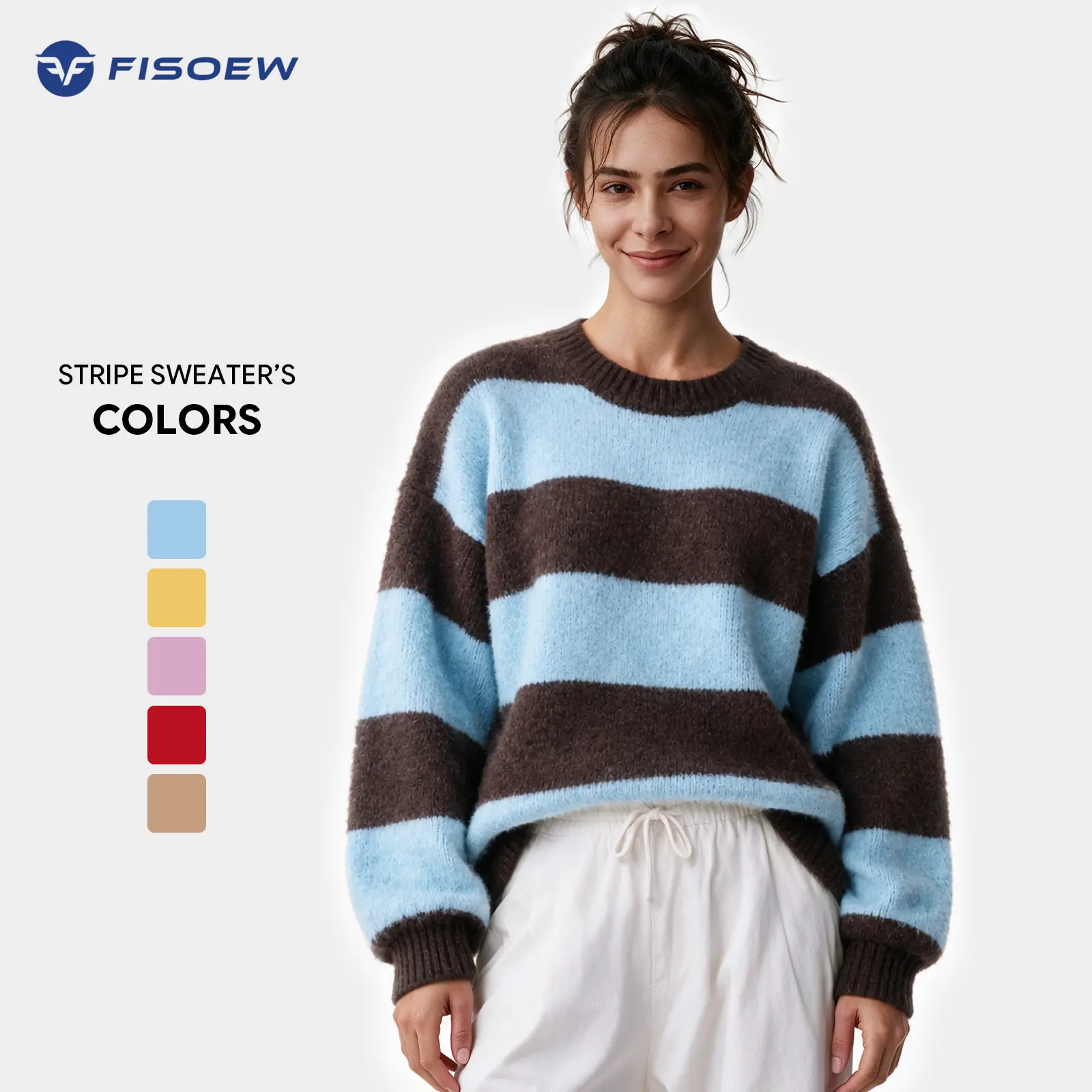 Fisoew Retro Color Block Stripe Sweater, Crew Neck Oversized Balloon Long Sleeve Loose Casual Pullover Top Matching Jeans Pants Fall Winter Casual Layering Top