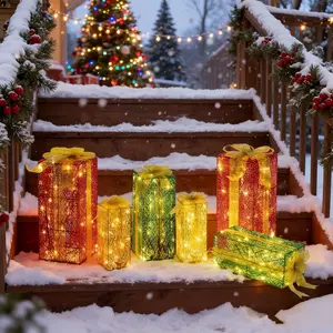 iCapeson Set of 3 Lighted Gift Boxes with 90 Warm White LEDs, Nestable Outdoor Christmas Decorations with Ground Stakes, Waterproof Light Up Present Boxes for Yard Indoor Xmas Decor